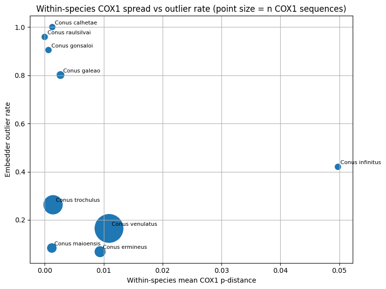 Within-species COX1 spread vs outlier rate (point size = n COX1 sequences)